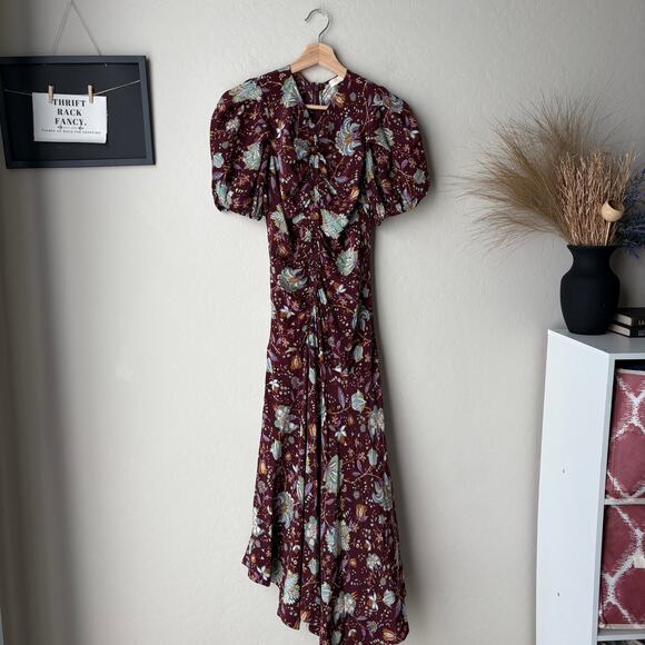 Ulla Johnson Dress Silk Floral Puff Sleeve Red Ruched Heleen Midi Dress Size 0 - Picture 2 of 9